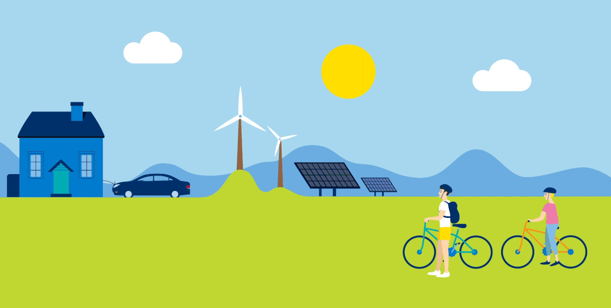 Animated landscape with windmills, solar panels, house and cyclists